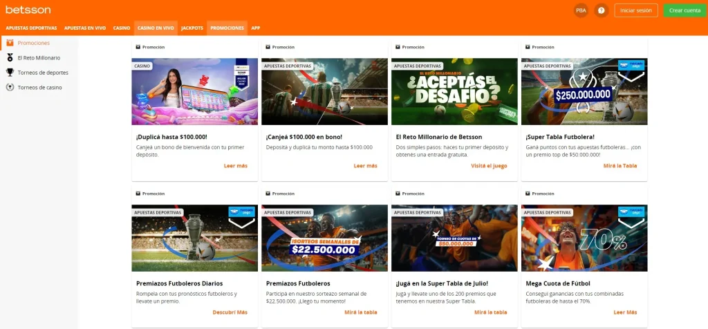 Todos los bonos Betsson disponibles en su página web